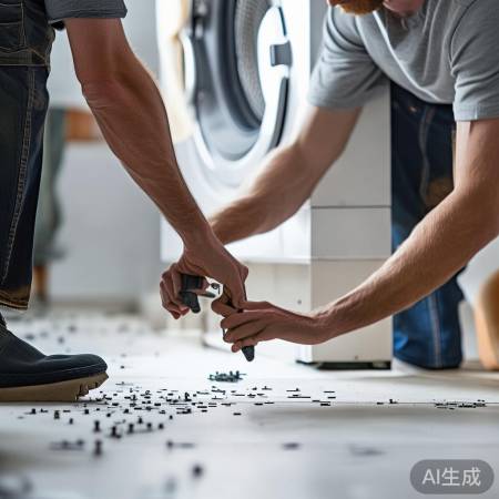 固定洗衣机，两人协作拧螺丝